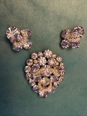 Vintage Signed Eisenberg Crystal Rhodium Brooch Set with Clip Earrings